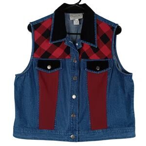 Vintage Stonebridge Petites Denim Vest Womens Large Blue/Red Patched Cottagecore